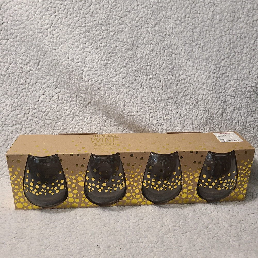 Stemless Wine Glasses Set of 4 Gold Polka Dot 16oz New Unopened